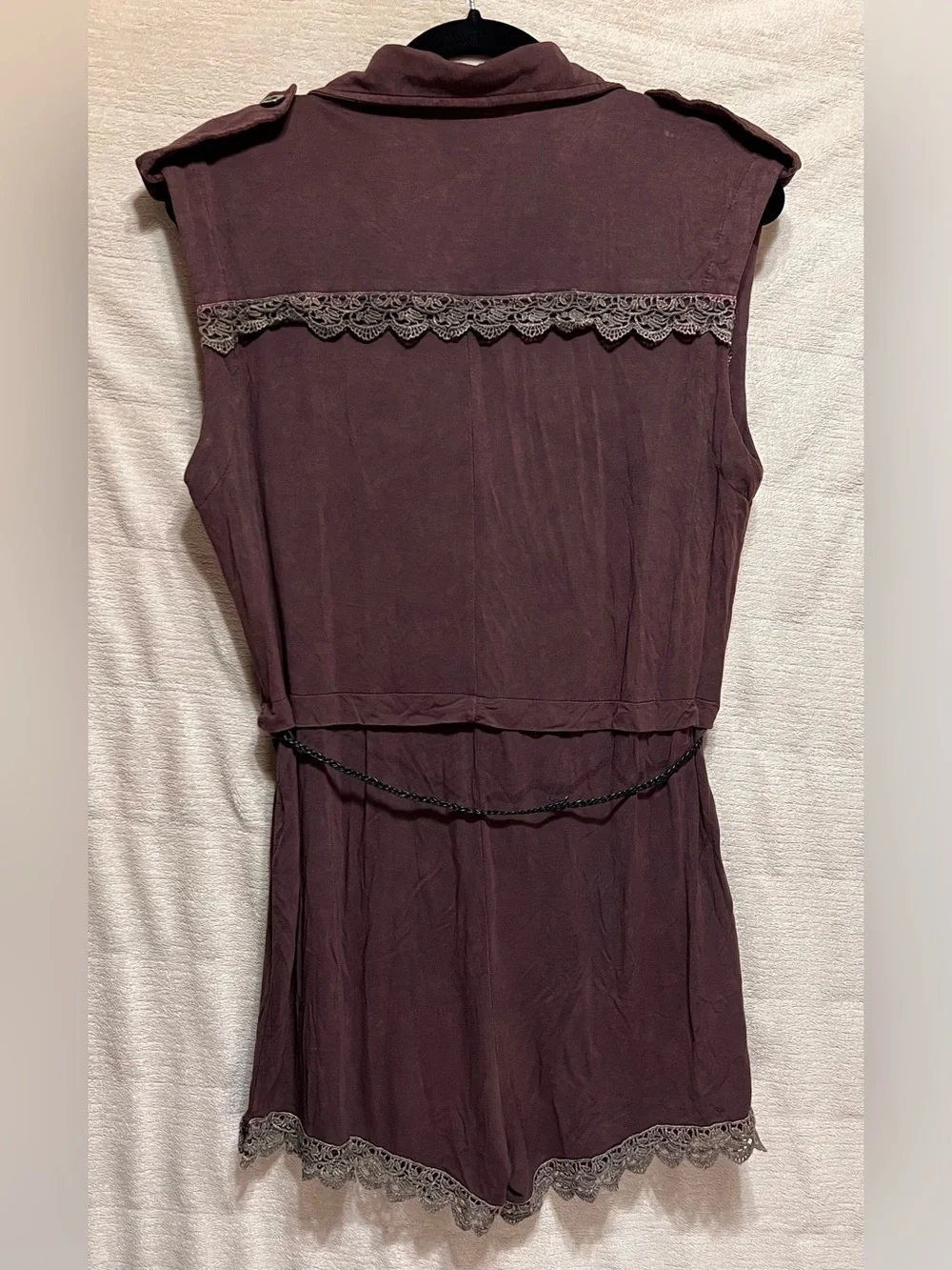 POL Dusty Mauve Utility Romper Leather Tassel Belt Lace Trim Zip Front Boho S - Picture 2 of 8